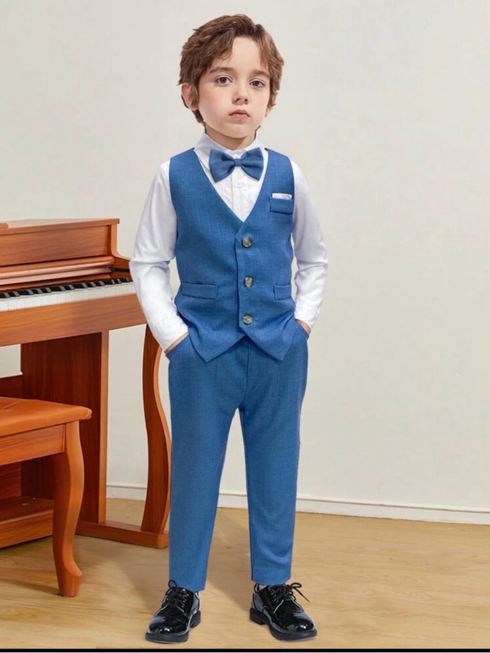 Classic Blue Boys' Dress Vest & Pants Set with Bow Tie